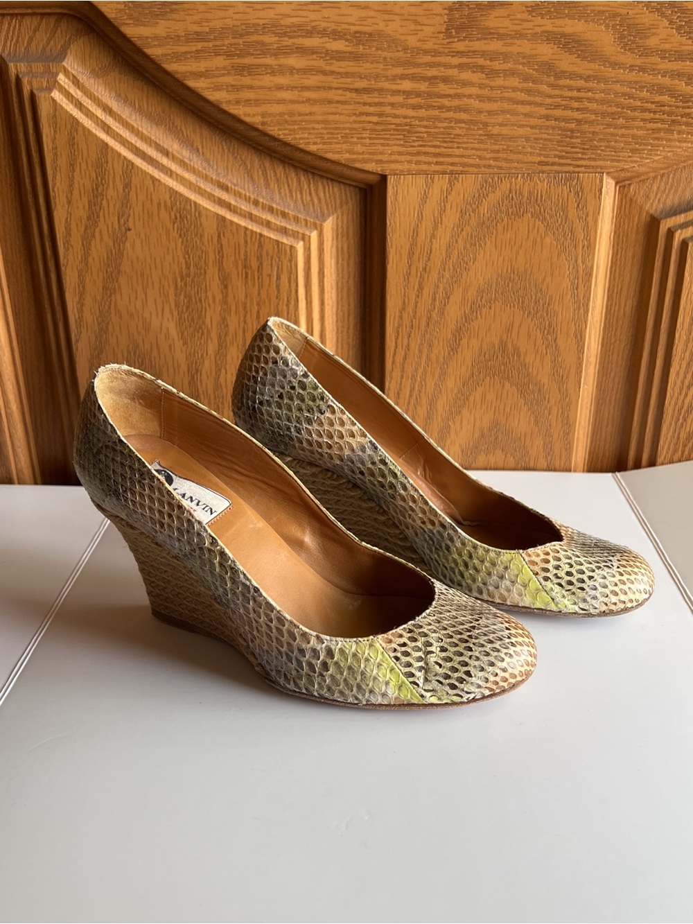 Lanvin Paris Snakeskin Wedge Pumps EU 36 Braided Espadrille Beige Luxe Italy